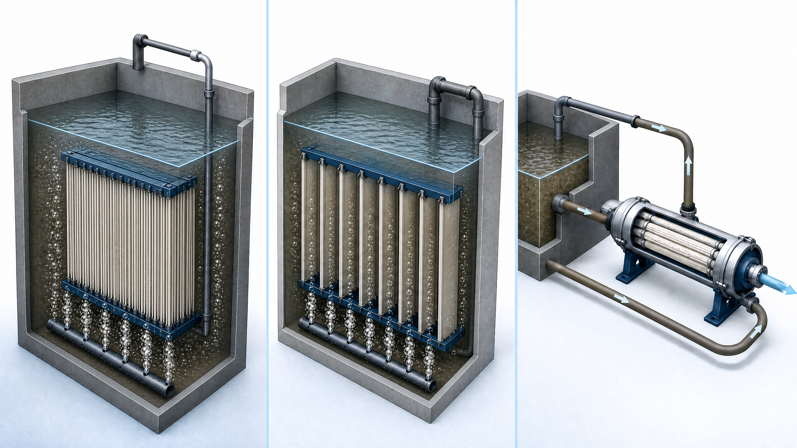 Conceptual cutaway showing immersed hollow-fibre and flat-sheet MBR modules alongside an external sidestream multitube module.